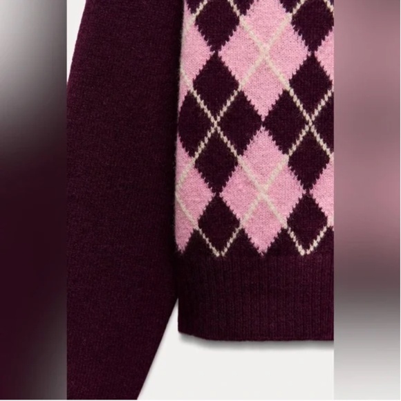 Zara Argyle knit cardigan 100% Wool NWT - Picture 7 of 9
